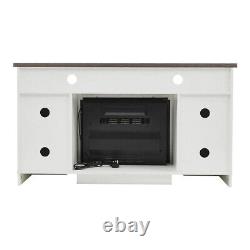 Meuble TV en bois blanc avec cheminée électrique, console multimédia avec LED et rangement.