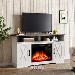 Meuble TV en bois blanc avec cheminée électrique, console multimédia avec LED et rangement.