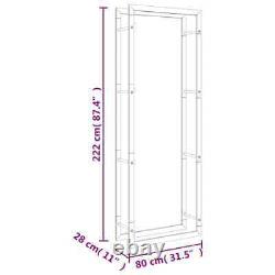 Porte-bûches en acier avec paniers de rangement en bois de différentes tailles pour intérieur et extérieur.