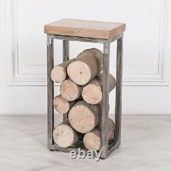 Table d'appoint en fer avec rangement à bûches et dessus en bois