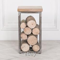 Table d'appoint en fer avec rangement à bûches et dessus en bois